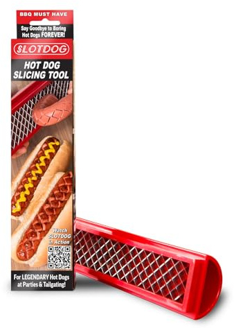 SLOTDOG - Hot Dog Slicing Tool - Stainless Steel Cutter Blades for Kitchen, Grilling, Tailgating, Camping and Backyard Outdoor BBQ - 10 inch - Red