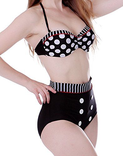 Boolavard Femmes Vintage Années 50 Pin Up Girl Rockabilly Taille Haute Rétro Bikini Ensemble De Maillot De Bain (S, Pois avec Bordure Rouge)