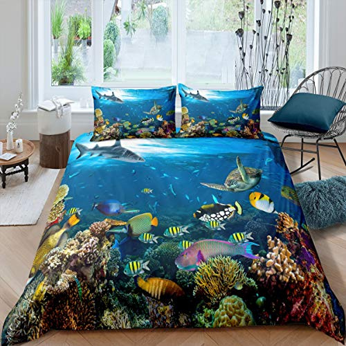 Shark Bedding Set Sea Turtle Comforter Cover for Kids Boys Girls Teens Adult Ocean Marine Themed Duvet Cover Underwater Animal Pattern Bedspread 3Pcs with 2 Pillowcase Double Size