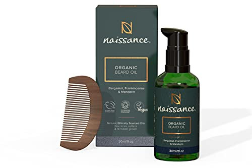 Naissance Olio Da Barba Idratante Uomo Biologico 30ml - Kit Per Crescita Barba Con Pettine Di Legno - Cura Naturale Serum Levigante Per Pelle Secca - Con Olio Di Ricino Argan e Jojoba - Vegano