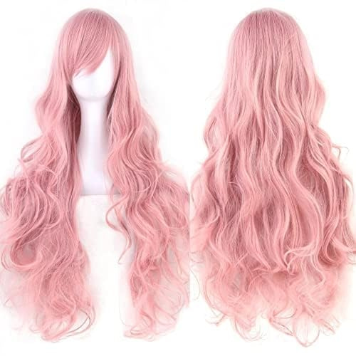 IMISSU 80 cm långt lockigt naturligt hår Cosplay Peruk med lugg Färgglad Halloween Kostym Huvudbonader Fest Peruker för kvinnor (Pink)