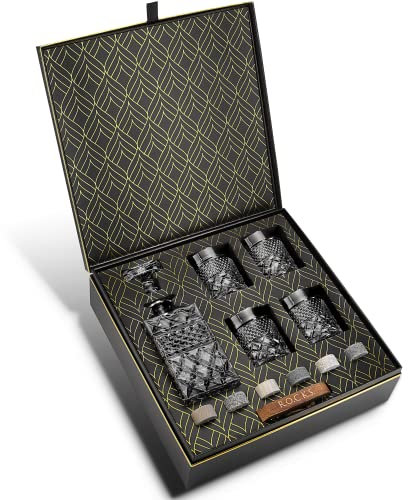 Whiskey Decanter Gift Set With 4 Cocktail Glasses & Handcrafted Granite Whiskey Chilling Stones - Whisky Carafe Glass for Liquor, Scotch, Bourbon Tasting - Magnificent Gold Foil Gift Box by ROCKS