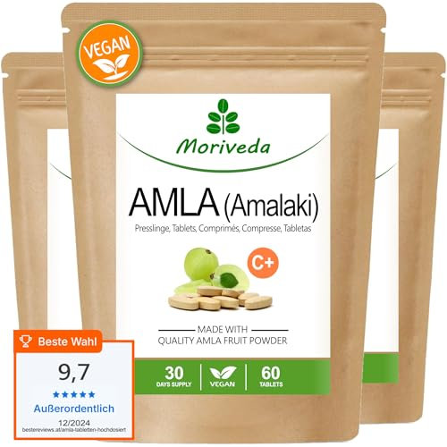 Amla Tabletten | natürliches Vitamin C & Antioxidans | Indische Stachelbeere | Für Immunsystem, Vitalität, Haut, Haare, Nägel | Vegan & Laborgeprüft | Moriveda 180 Stk.