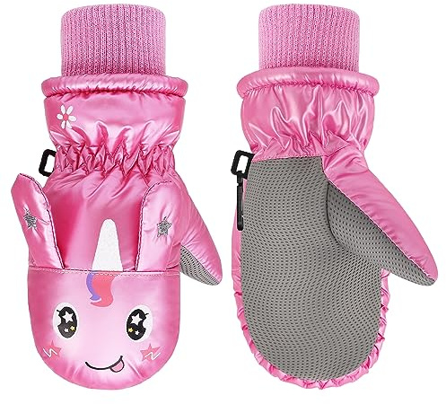 MoKo Gants de Ski Enfants, Moufles de Ski Fille Garçon Coupe-Vent Respirant Snowboard, Gants Hiver Étanches Chaud Antidérapant, Thermique Mitaines pour Vélo en Plein Air pour Enfant 4-8 Ans, Rose