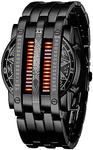 FANMIS Creative Men's Binary Matrix Blue LED Digital Fashion Classic Black Plated Waterproof LED Backlight Bracelet Watch