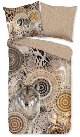 Traumschloss Comfort Flanell Bettwäsche - Sverre - Mandalas mit Wolf, beige, Taupe,155x220 / 80x80,