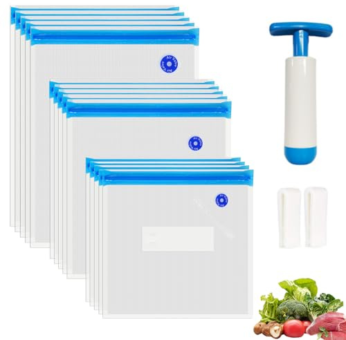 O2frepak 15 Pack Reusable Sous Vide Bags,BPA-Free Vacuum Seal Bags of 3 Sizes with Pump and 2 Seal Clips for Sous Vide Cooking and Food Storage (Blue Kit)