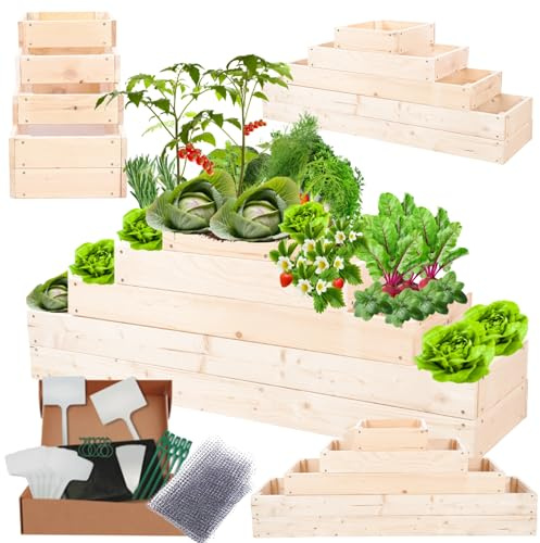 MODO24 Hochbeet Holz, Kräuterbeet, Gartenbeet, Pflanzbeet, Blumenbeet, Stufenbeet, für Garten und Terrasse, Kiefernholz, Massivholz, höhenverstellbar, Abmessungen 45x117x30 cm, Farbe: Natur