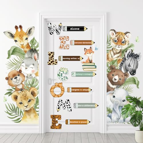 FYSUIMU 3 Sheet Forest Animal Door Stickers Animal Theme Welcome Window Door Sticker Cute Bear Lion Tiger Mural Decal for Nursery Playroom Classroom Kindergarten