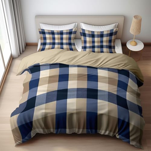 Quixora Parure de lit 2 Personnes - Housse de Couette Motif Bleu Marine Beige Gris Carreaux 200 x 200 cm + 2 Taies d'oreiller 65x65cm, Polyester, Beige