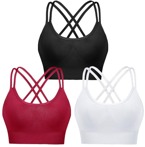 Leversic Sport BH Push up Cross Back Design Bustier kvinnor med vadderad utan bygel dam-bh medelstark för fitness, löpning, jogging, 3 st svart + vit + vinröd (315), S