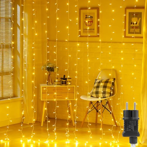 Bigzom Rideau Lumineux LED 1x3m, 300 LEDs avec Minuterie et 8 Modes, Etanche IP65 pour interieur et Exterieur,Noel,Jardin,Fete, Mariage(Blanc Chaud)