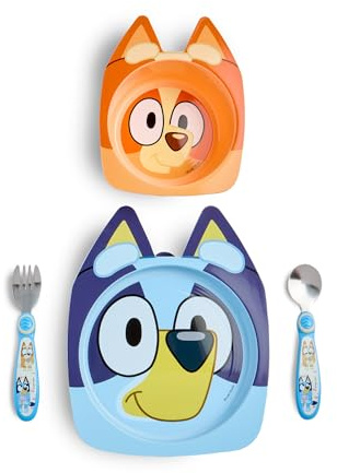 The First Years Bluey Kids Dinnerware Set - Includes Bluey Suction Plate, Bingo Suction Bowl, and Stainless Steel Toddler Silverware - Toddler and Baby Feeding Essentials - 4 Count