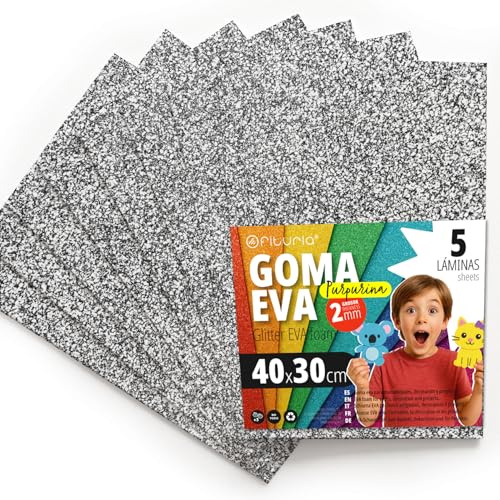 OFITURIA Fogli di Gomma Eva Glitterata per Lavoretti Creativi, Progetti Scolastici, Scrapbooking e Decorazioni Artistiche 40x30cm (Argento Glitterato, 5 pz)