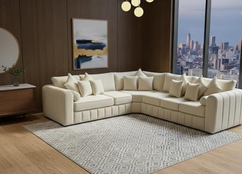 Large Corner Lilly 7 Seater Sofa for Living Room | Large Family Fabric Sofa Set | Comfortable & Stylish Design | Available in Navy Blue, Silver & Cream (Cream)