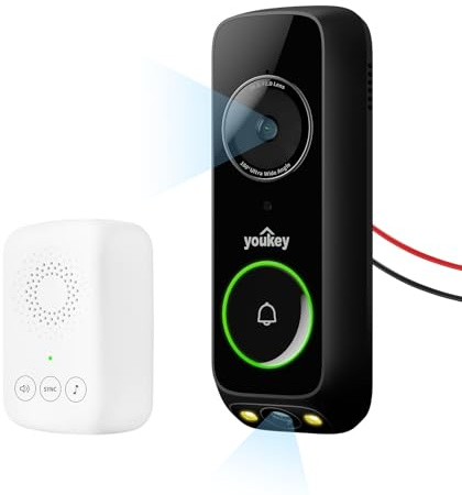 youkey Timbre inalámbrico de video con cámara dual, vista de pies a cabeza, timbre de batería 2K FHD con almacenamiento local sin tarifa mensual, detección de paquetes, WiFi de 5 GHz, compatible con
