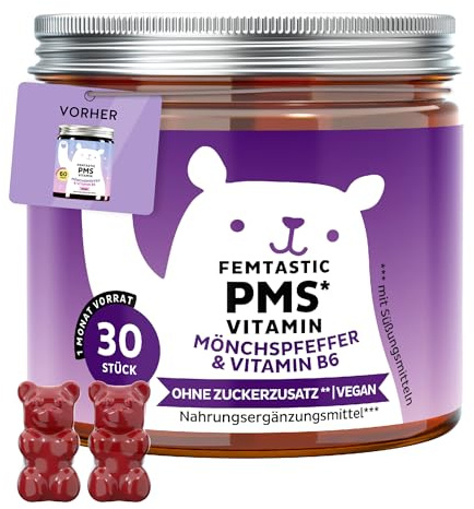 Femtastic PMS Vitamin – Per il tuo Benessere Premestruale con 30 mg di Agnocasto, Vitamina B6 ed estratto di Dong Quai, 30 unità (1 mese) – senza zuccheri aggiunti, vegano – Bears with Benefits