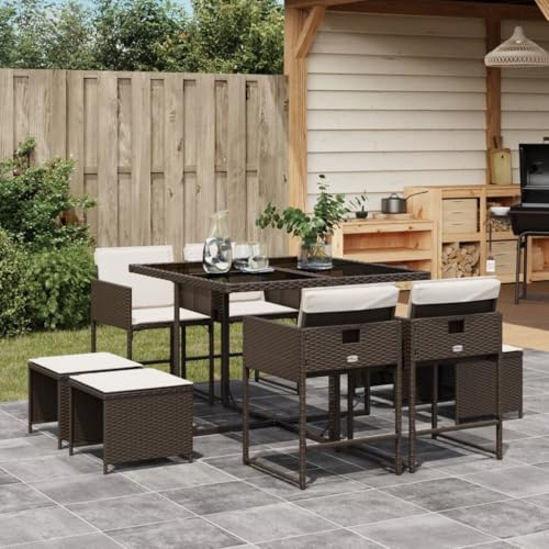 RMIHSJG 9-TLG. Gruppo da giardino con cuscino in polyrattan marrone, sedie pieghevoli e sgabelli per risparmiare spazio, comoda imbottitura con rivestimenti rimovibili, tavolo