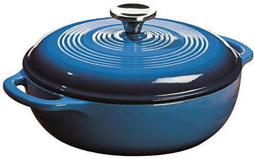 Lodge 3 Quart Enameled Cast Iron Dutch Oven with Lid – Dual Handles – Oven Safe up to 500° F or on Stovetop - Use to Marinate, Cook, Bake, Refrigerate and Serve – Caribbean Blue