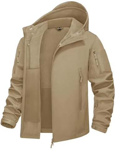 KEFITEVD Softshell Jacke Herren Wasserdicht Regenjacke Army Jacke Gefüttert Angeln Jacken Funktionsjacke Männer Winter Herrenjacke Angelbekleidung Khaki S