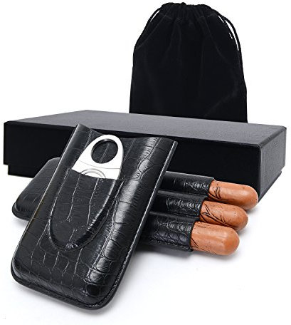 Zigarrenetui, zigarren etui/zigarren set/zigarrenetui leder/humidor zigarren/reise humidor/3 Halter echtes Leder Zigarrenetui/mit zigarrenschneider,Perfektes Geschenke für Männer (Schwarz)