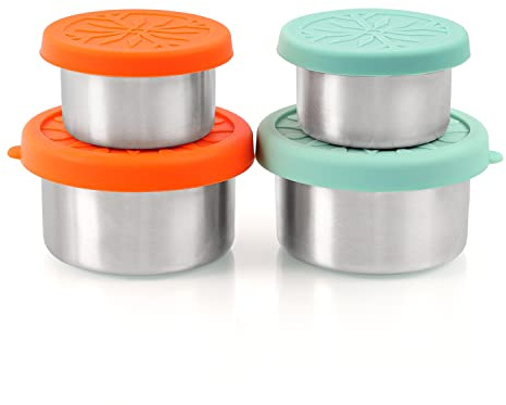 SUKKI Stainless Steel Condiment Containers - 4 PCS Salad Dressing Containers with Food Grade and Leakproof Silicone Lids - 2x3.4oz +2x1.8oz for Snacks, Desserts, Souffle, Baby Food