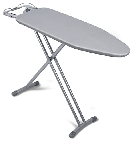 Duwee Bügelbrett mit hitzebeständigem Bezug, zusammenklappbar, höhenverstellbar, großes Bügelbrett, Dicke Filzunterlage, Starke Beine, silberfarben, 32 x 93 cm
