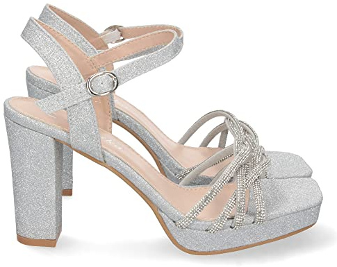 shoes&blues.es 67376-Sandalia de Tacon para Mujer, Comoda, de Material Brillante, con Palas Cruzadas, y Cierre de Hebilla, Otono Invierno 2022. Talla 36 Plata