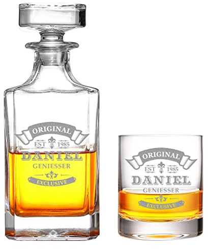 polar-effekt 2-TLG Whisky Dekanter Set mit personalisierter Wunschgravur - Motiv: Original Exklusive - Kristallglas - Whisky Tumbler 320 ml - Drink - Whiskey, Scotch - Geburtstag - Deko, Bar