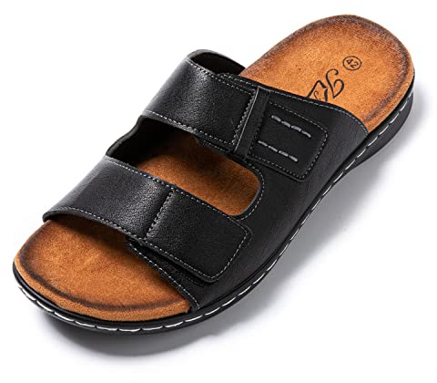 JOMIX Sandales Homme Cuir avec Scratch Chaussures de Plage Tongs Hommes Chaussons de Randonnée pour Douche Piscine Marche (Noir, 42)