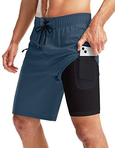 Pinkbomb Men's Swim Trunks with Compression Liner 9 Inch Quick Dry Swimsuit Swimming Swim Board Shorts for Men with Pockets (Blue Grey, L)