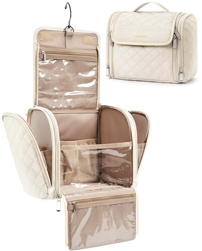 BAGSMART Toiletry Bag Travel Makeup Bag with Hanging Hook, Cosmetic Bag Make Organizer Case, Large Capacity Water-resistant Organizer for Toiletries Accessories Brushes Sponge, Beige