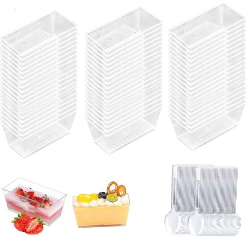ABSOK 50 Pezzi Tazze da Dessert in Plastica con Cucchiai, 140 ml Contenitori Riutilizzabili Quadrati Trasparenti per Budini, Mousse, Gelati, Compleanni, Matrimoni