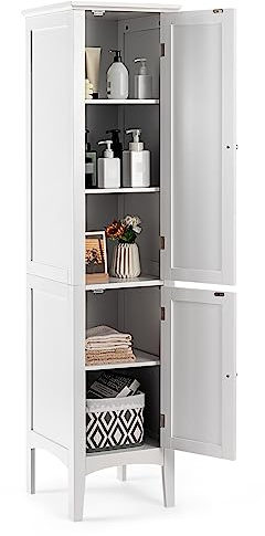 Multigot Bathroom Tall Cupboard, Slim Floor Cabinet with 5-Tier Shelves & 2 Doors, Freestanding Storage Unit for Bedroom Kitchen Living Room (White)