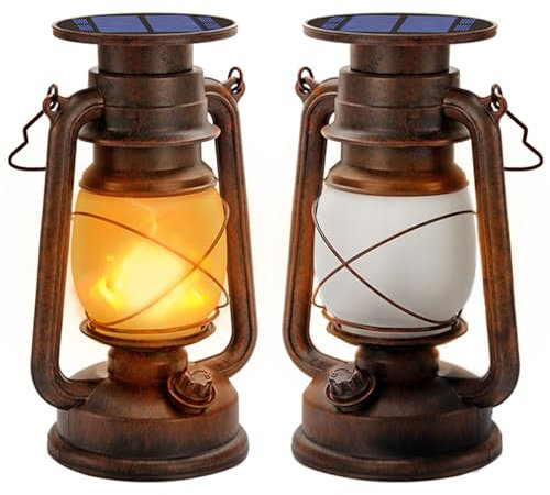 Vintage Solar Laterne Warmweiß Ultra Helle Solarlaterne für außen Retro Design Led Laterne Outdoor, Wasserdichte Laterne mit Flammenoptik für Garten und Camping, laternen für draußen (2er Pack)