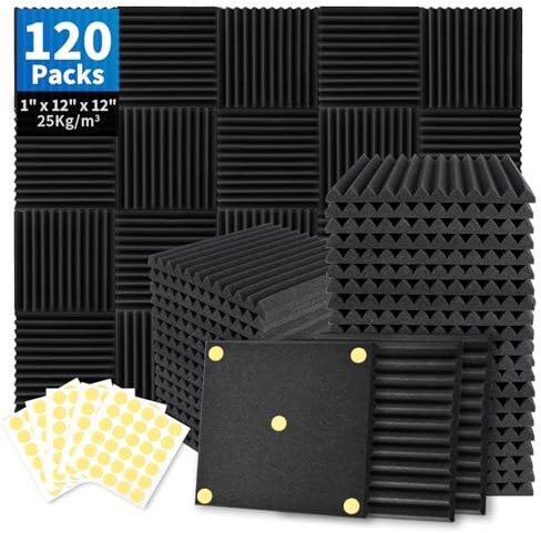 Focusound 120 Pack Acoustic Foam Panels 1 x 12 x 12 Sound Proof Foam Panels Soundproofing Noise Cancelling Wedge Panels for Home Office Recoding Studio with 600 PCS Double-Side Adhesive