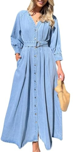 YOMACY Boho maxiklänning för kvinnor, puff 3/4-ärm, långa jeansklänningar, avslappnad denimklänning, flera fickor, denimkjol, bältad lång jeansklänning, veckad v-ringad solklänning med bälte (M)