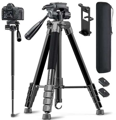 CAMBOFOTO 73 Camera Tripod and Monopod, Professional Aluminum Tripod Stand for Mirrorless Camera/DSLR/Cell Phone/Camcorder/GoPro, with Phone Holder and Travel Bag (Black)