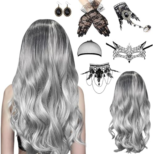 7Pcs Karneval Perücke Grau Damen, Perücke Halloween Damen, Lange Gewellt Silber Grau Perücke, Grey Wig Lang Haar Gelockt, Hexenperücke Gotisch Halskette Armbänder, Perücke Damen für Halloween Karneval