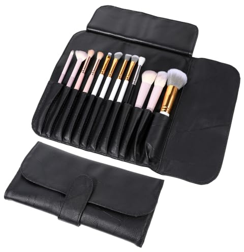 Black Makeup Brush Bag, PU Leather Makeup Brush Holder Travel, Portable Folding Make Up Brush Case for Women and Girls Travel Storage Organizer