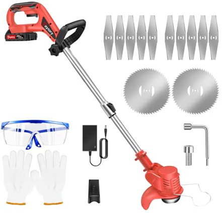 Garden Grass Cutter Electric Grass Edger Cordless String Trimmer Adjustable Head and Rod 10000RPM 21V 1x1.5Ah Battery for Outdoor Yard(Red)