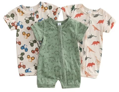 XIXIMAON Baby Boy 3 Pack Rompers Cute Dinosaur Tractor Floral Short Sleeve Zipper Jumpsuits Newborn Soft Cotton Clothes Boy Summer One Piece Bodysuit (Colorful, 12-18 Months)