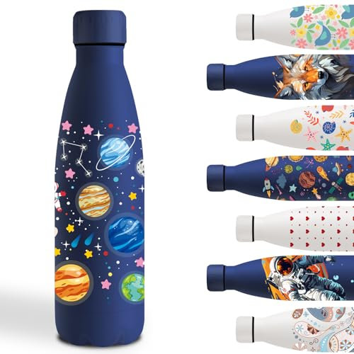 Gourde Isotherme, 500ml Gourde Enfant, Gourde Personnalisée avec Astéroïde, Gourde Sport Sans BPA, Double Paroi Isolante, Bouteille d'eau anti Fuite, pour l'École, Bureau, Voyage, Sports, Nleu Foncé