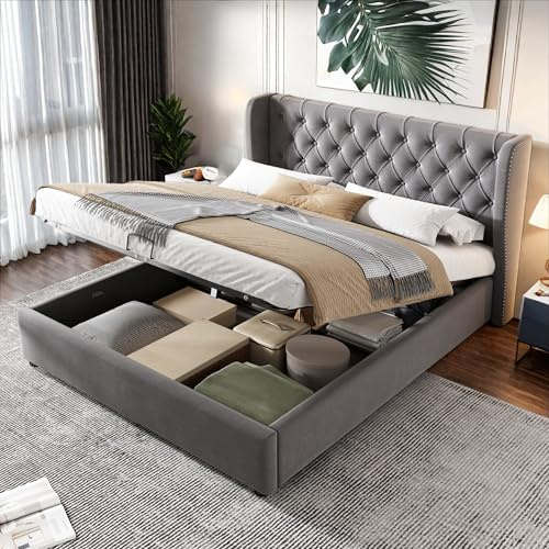 Lubvtti Letto imbottito in velluto a forma di orecchio,letto matrimoniale con spazio di stoccaggio idraulico,letto contenitore matrimoniale con rete a doghe (Grigio,160x200)