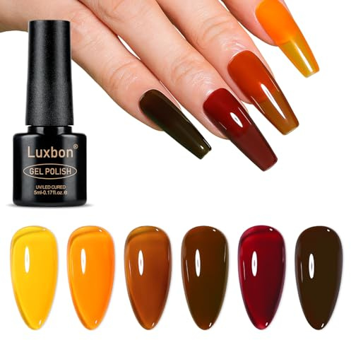 Luxbon 6 pz Jelly Gel Smalto Semipermanente per unghie Set - Autunno Colore Set Lunga Durata Autunno Smalto Gel, uv led Soak Off Nail Art Designs Manicure Kit 020