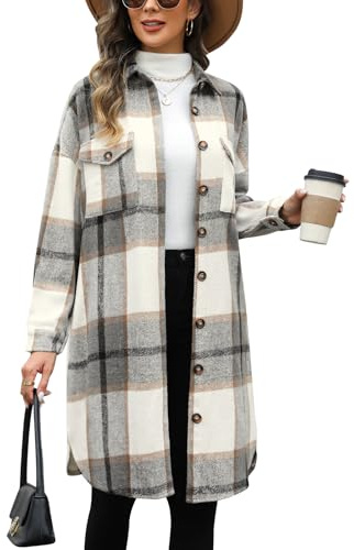 Tuopuda Veste Chemise à Carreaux en Flanelle pour Femme Manches longues Veste à Carreaux Blouse avec Boutons Long Manteau Mélange de laine(Kaki Clair,S)