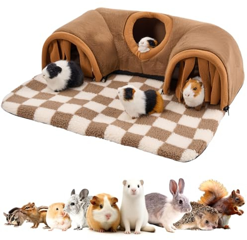 Avont Maison pour Cochon d’Inde, Lit à Cabane pour Petits Animaux, Tapis Lavable pour Lapin Nain, Nid Intérieur avec Tunnel pour Jouer, Dodo et Cachette, Grand Modèle Maison pour Rongeur -Marron