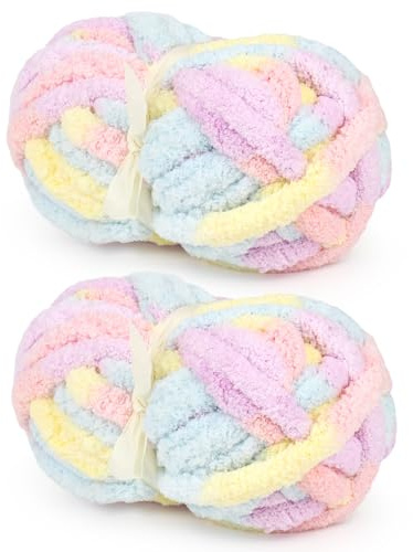 Giant Chunky Chenille Yarn for Blanket, Macaron Mixed Color Super Bulky Soft Fluffy Chenille Yarn, Tie Dye Beginner Yarns for Crocheting & Arm Knitting (2 PCS, 28yds/8oz Each)