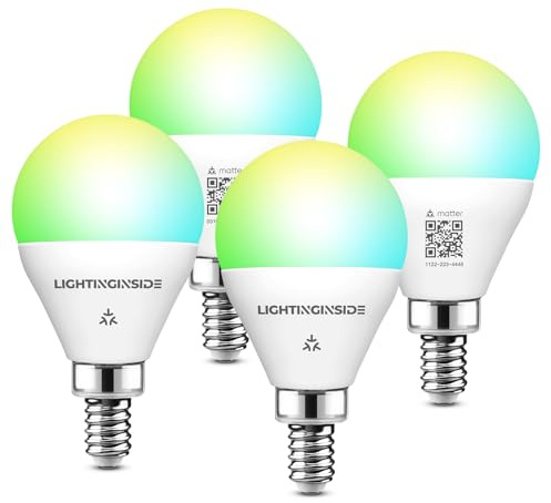 Lightinginside E12 Matter Smart Light Bulbs Compatible with Alexa/Siri/Apple Home/Google Home/SmartThings, G16.5 RGBCW Candelabra Ceiling Fan Bulb, 50W Equivalent 5W 550LM, 2.4G WiFi, ETL Listed, 4PCS