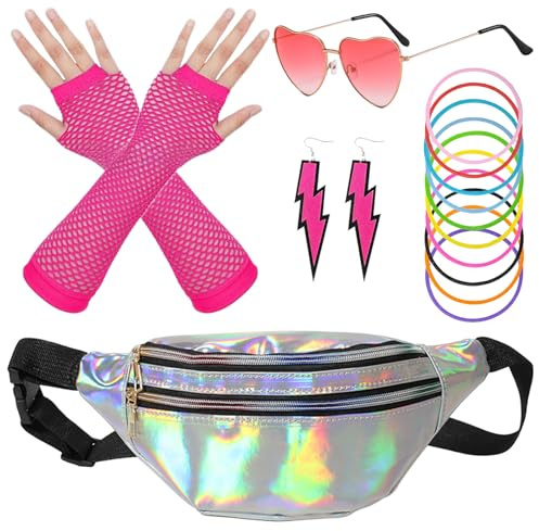 ZXTGBQ 16 stycken 80-tals kostymtillbehör, hippie damtillbehör, solglasögon, bananpåsar, näthandskar, armband, för karneval cosplay